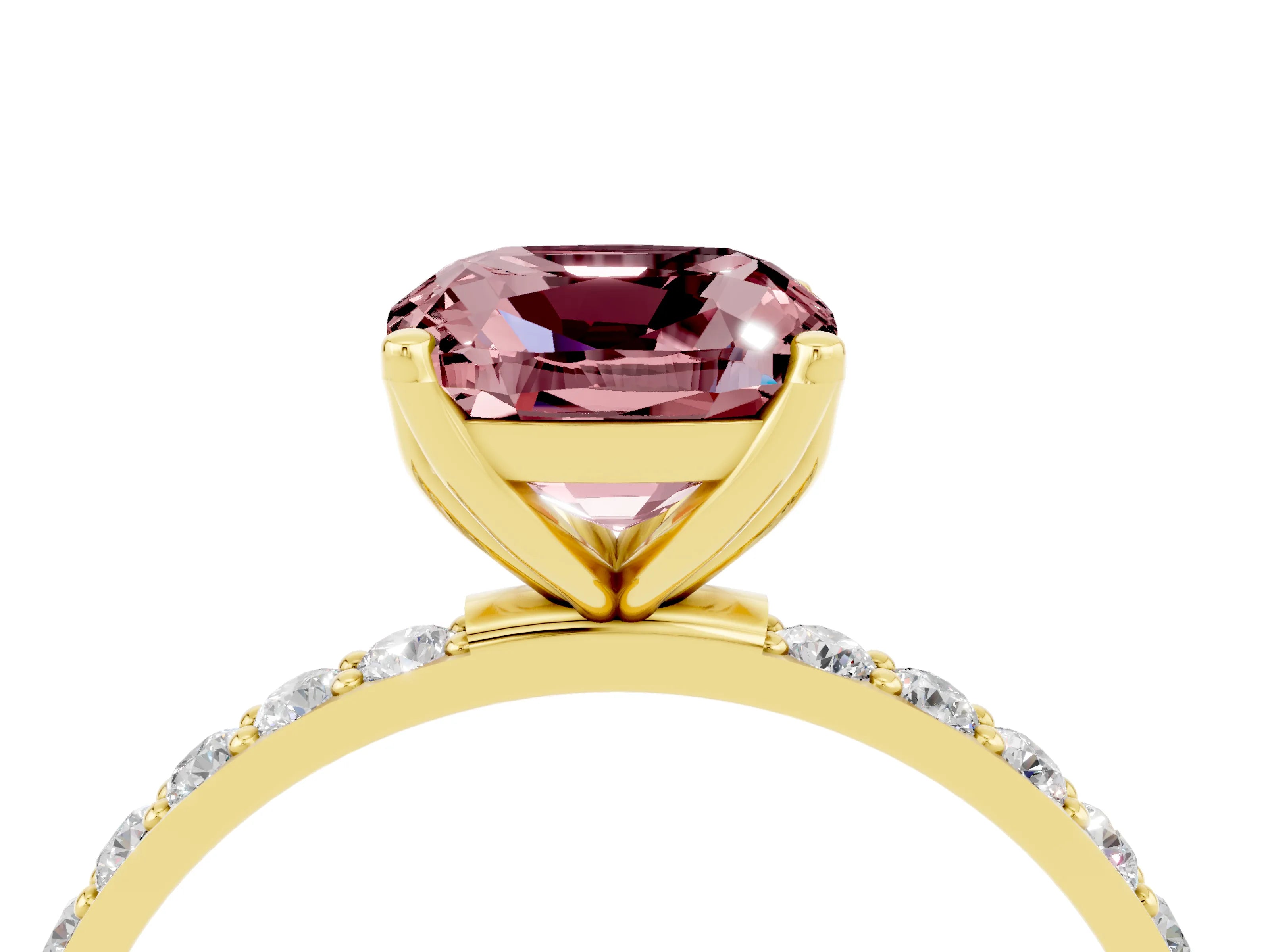 Yellow gold Cushion Cut Morganite Solitaire Engagement Ring with Pavé Band and Prong Setting_4