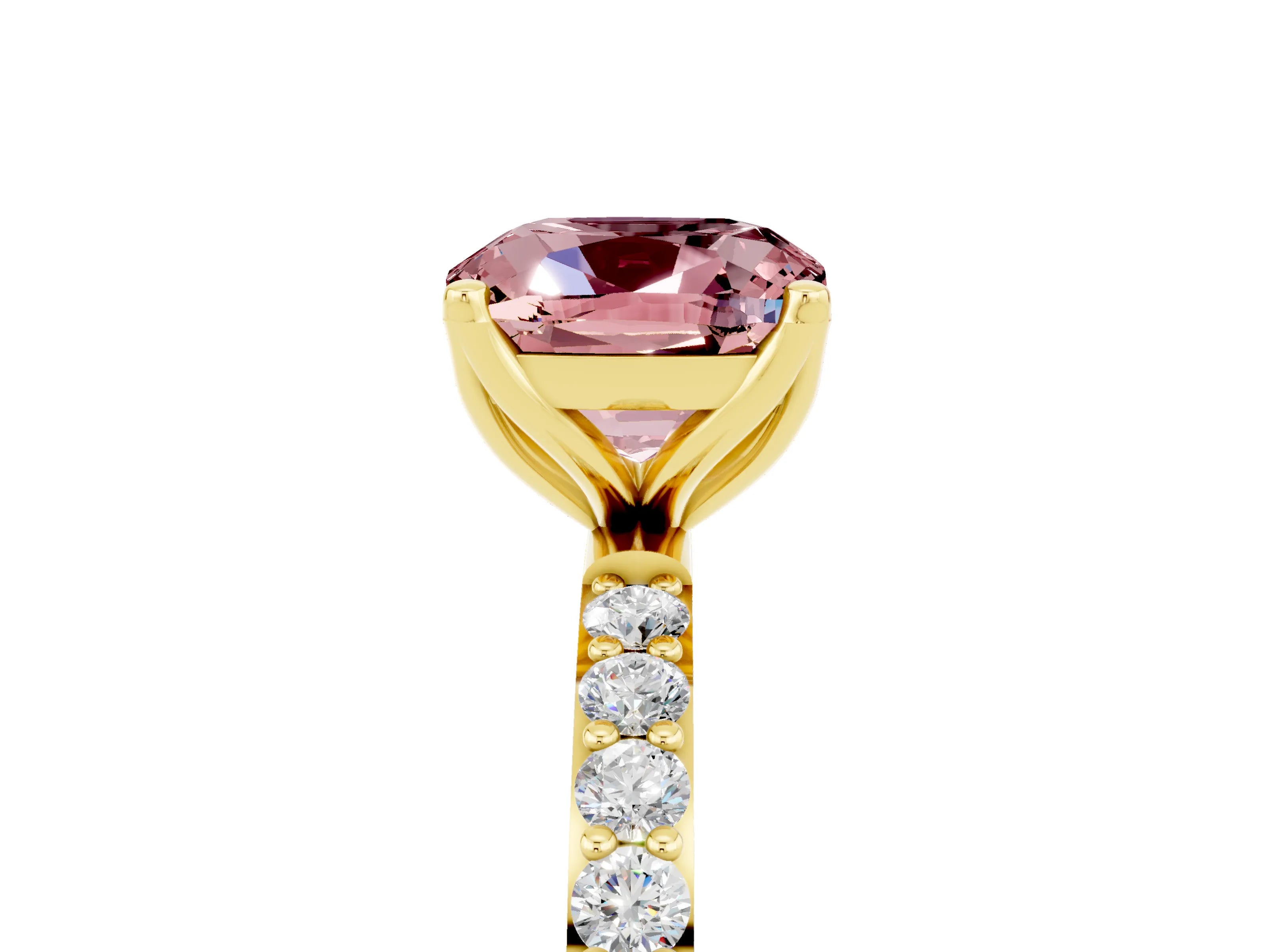 Yellow gold Cushion Cut Morganite Solitaire Engagement Ring with Pavé Band and Prong Setting_5