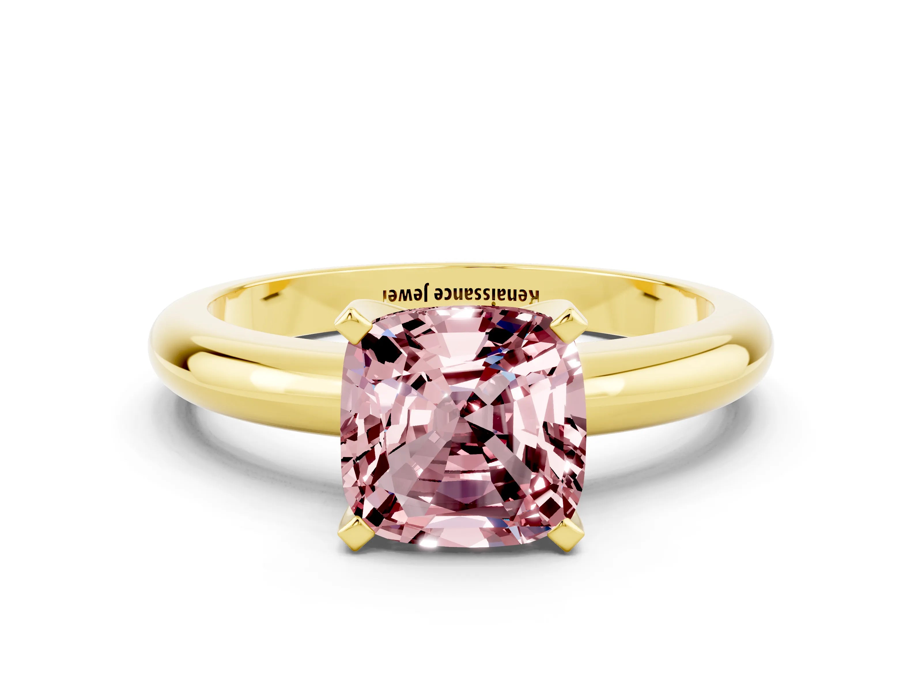Yellow gold Cushion Cut Morganite Solitaire Engagement Ring with Round Band and Four-Prong Setting