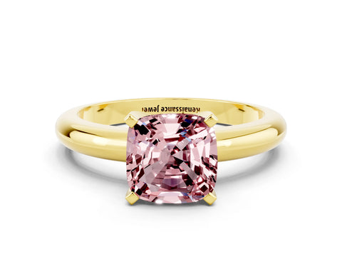 Yellow gold Cushion Cut Morganite Solitaire Engagement Ring with Round Band and Four-Prong Setting