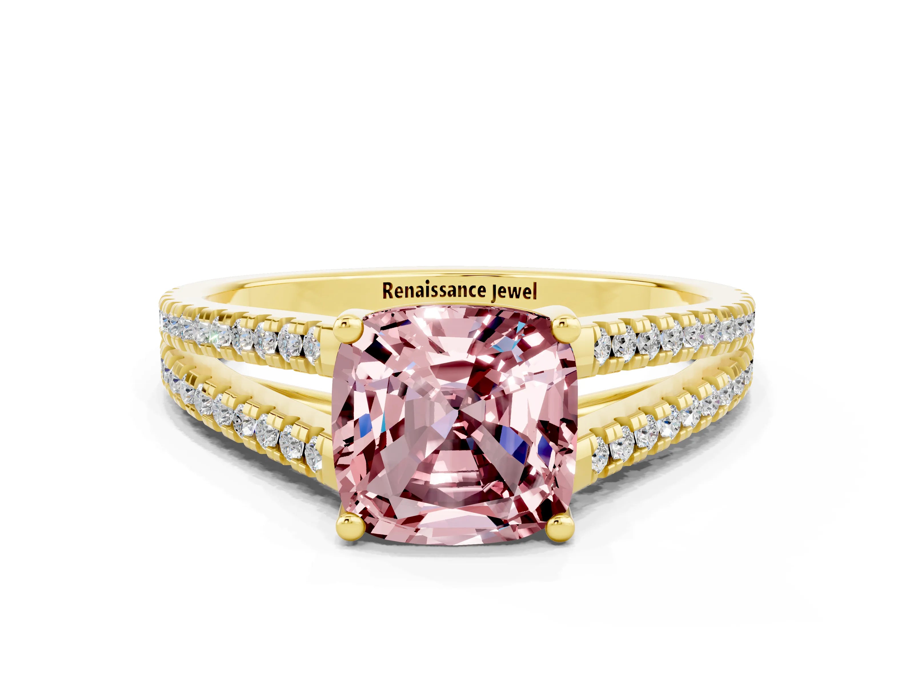Yellow gold Cushion Cut Morganite Solitaire Engagement Ring with Split Shank Pavé Band