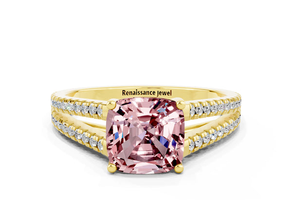 Yellow gold Cushion Cut Morganite Solitaire Engagement Ring with Split Shank Pavé Band