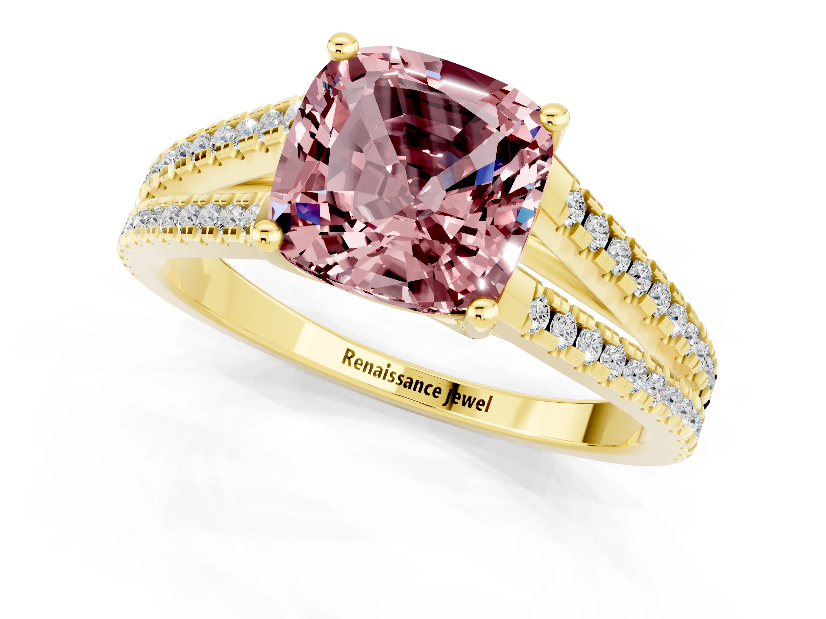 Yellow gold Cushion Cut Morganite Solitaire Engagement Ring with Split Shank Pavé Band_1