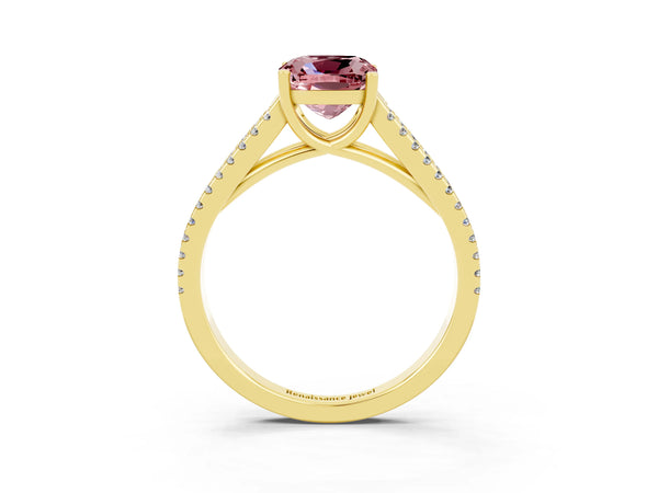 Yellow gold Cushion Cut Morganite Solitaire Engagement Ring with Split Shank Pavé Band