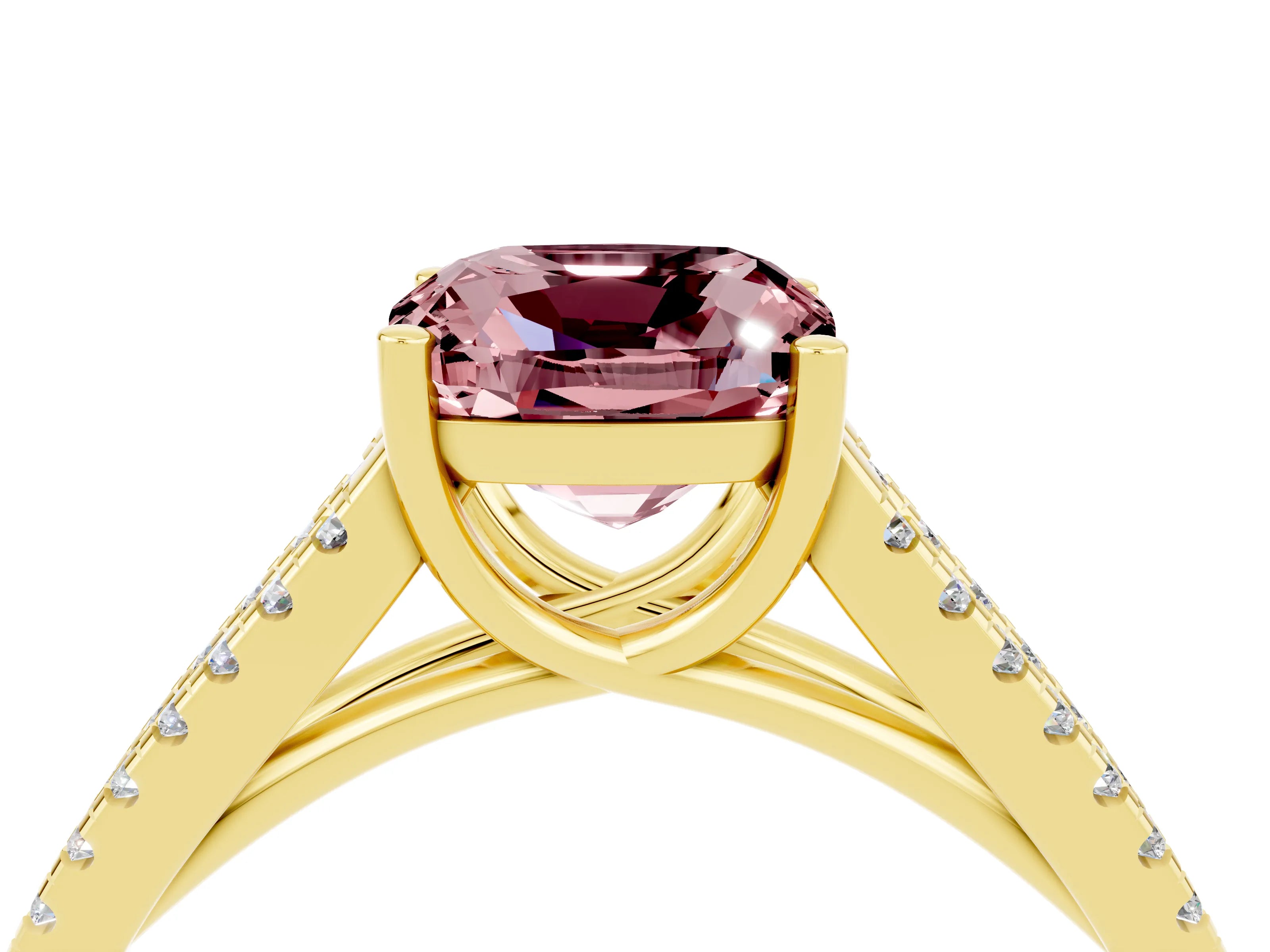 Yellow gold Cushion Cut Morganite Solitaire Engagement Ring with Split Shank Pavé Band_4
