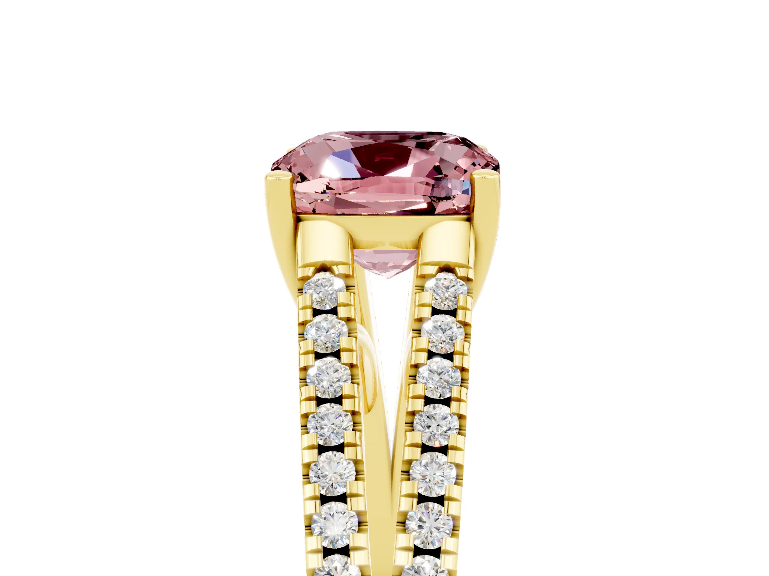 Yellow gold Cushion Cut Morganite Solitaire Engagement Ring with Split Shank Pavé Band_5