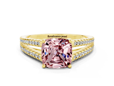 Yellow gold Cushion Cut Morganite Solitaire Engagement Ring with Split Shank Pavé Band