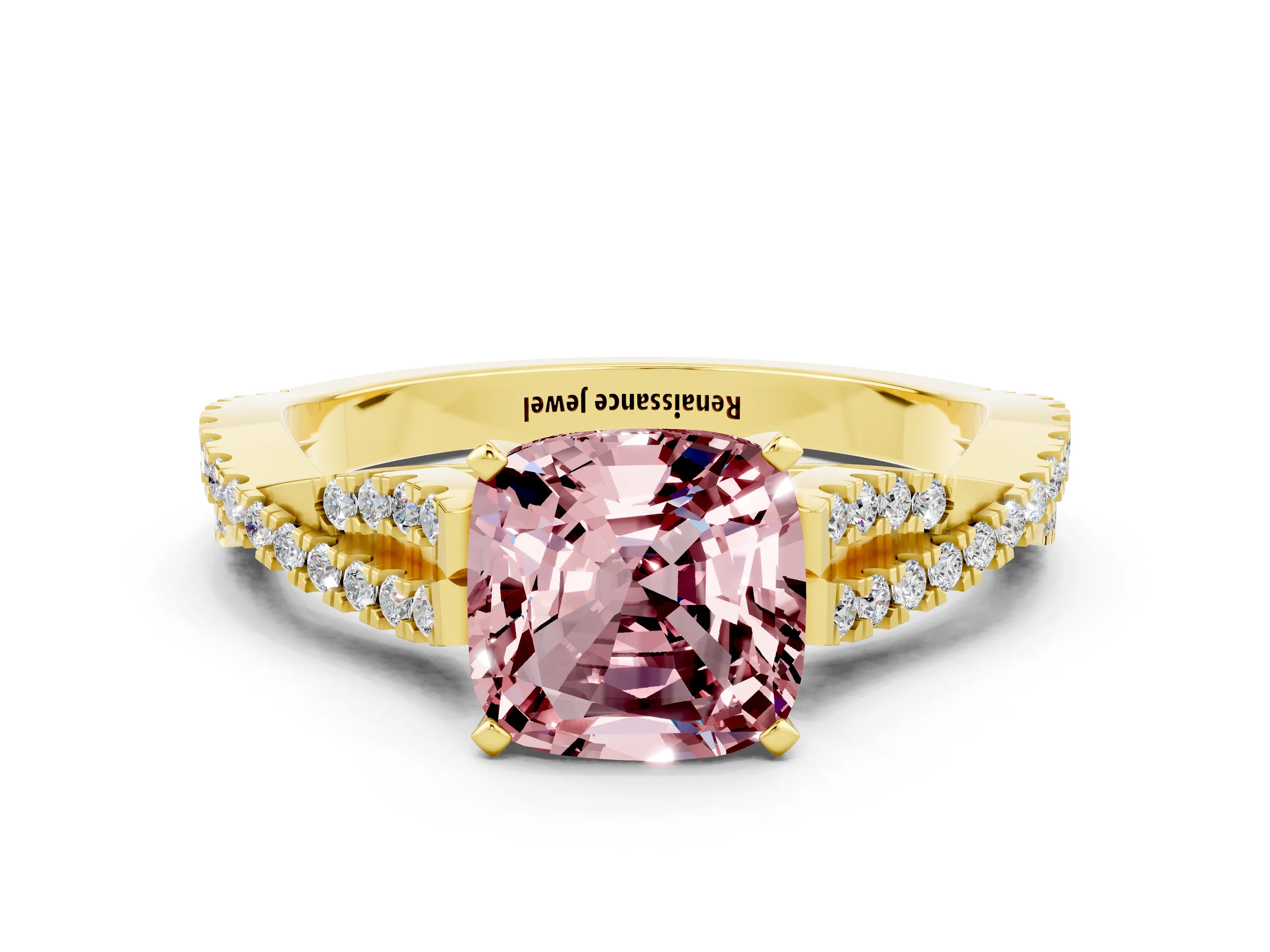 Yellow gold Cushion Cut Morganite Solitaire Engagement Ring with Twisted Pavé Band and Four-Prong Setting_12
