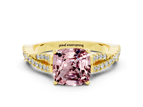 Yellow gold Cushion Cut Morganite Solitaire Engagement Ring with Twisted Pavé Band and Four-Prong Setting