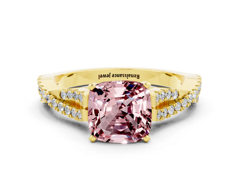 Yellow gold Cushion Cut Morganite Solitaire Engagement Ring with Twisted Pavé Band and Four-Prong Setting_12