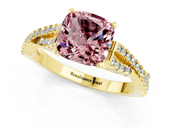 Yellow gold Cushion Cut Morganite Solitaire Engagement Ring with Twisted Pavé Band and Four-Prong Setting