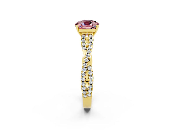Yellow gold Cushion Cut Morganite Solitaire Engagement Ring with Twisted Pavé Band and Four-Prong Setting