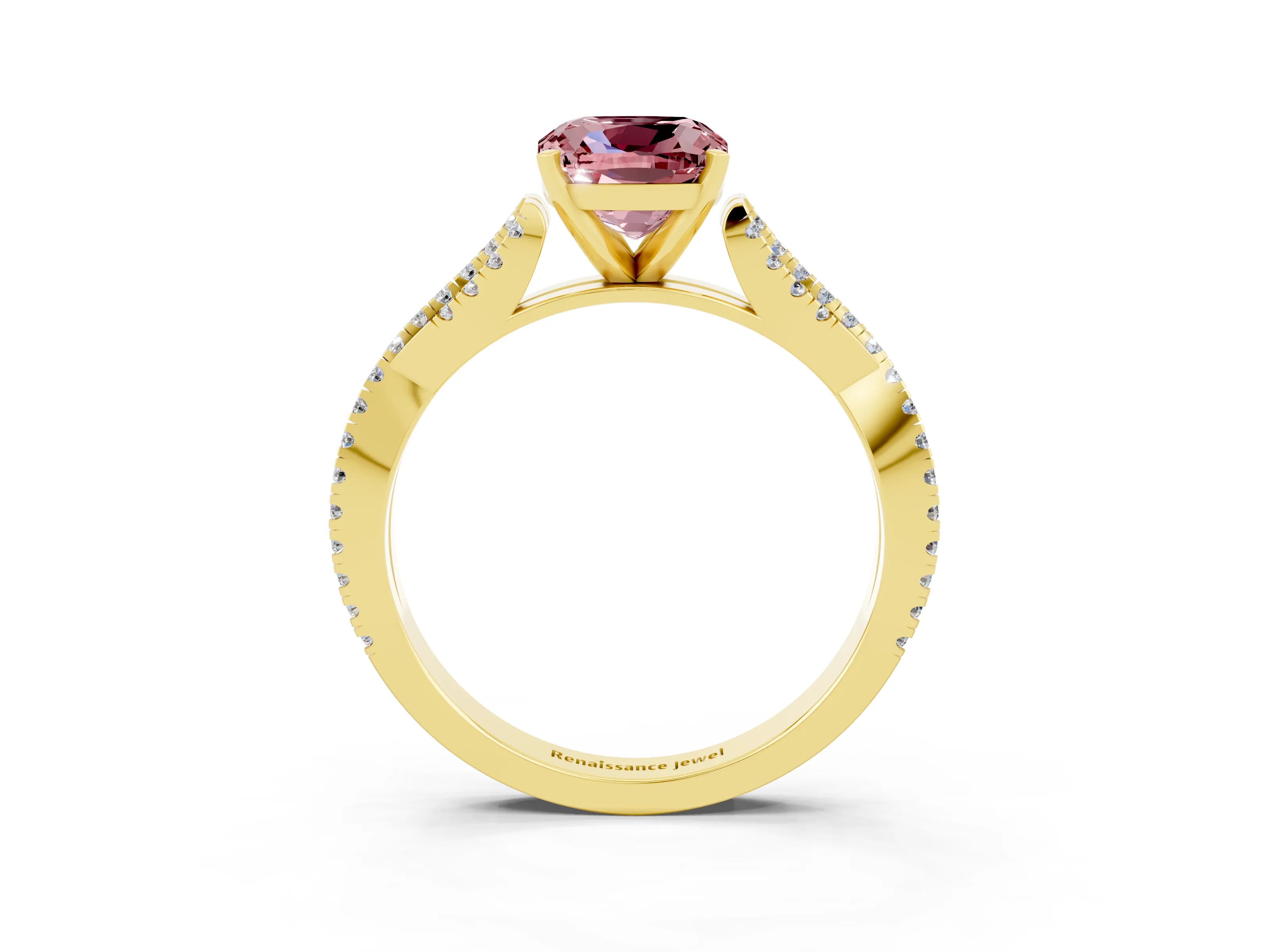 Yellow gold Cushion Cut Morganite Solitaire Engagement Ring with Twisted Pavé Band and Four-Prong Setting_15