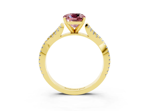 Yellow gold Cushion Cut Morganite Solitaire Engagement Ring with Twisted Pavé Band and Four-Prong Setting