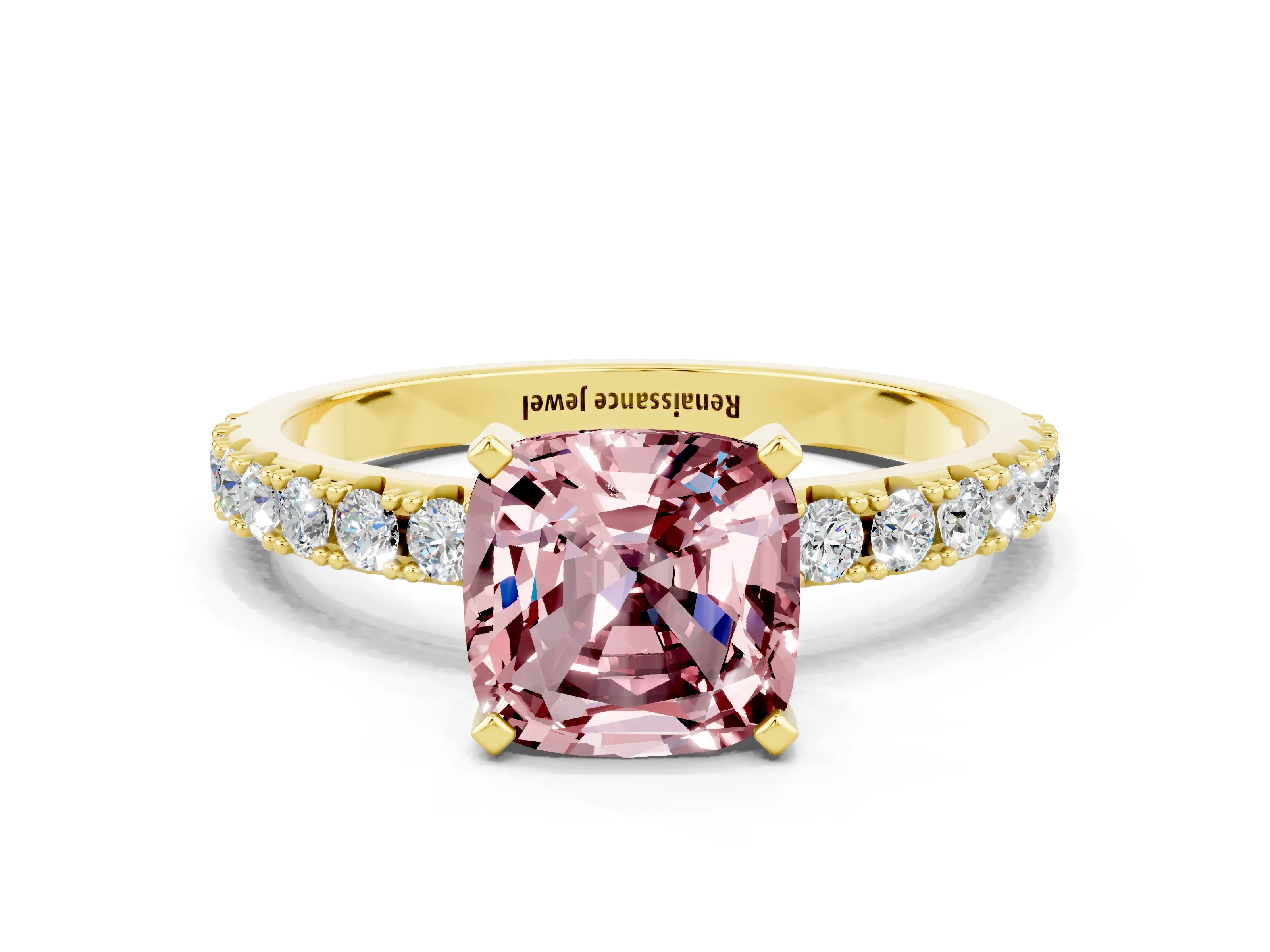 Yellow gold Cushion Cut Morganite Solitaire Pavé Band with Four-Prong Setting