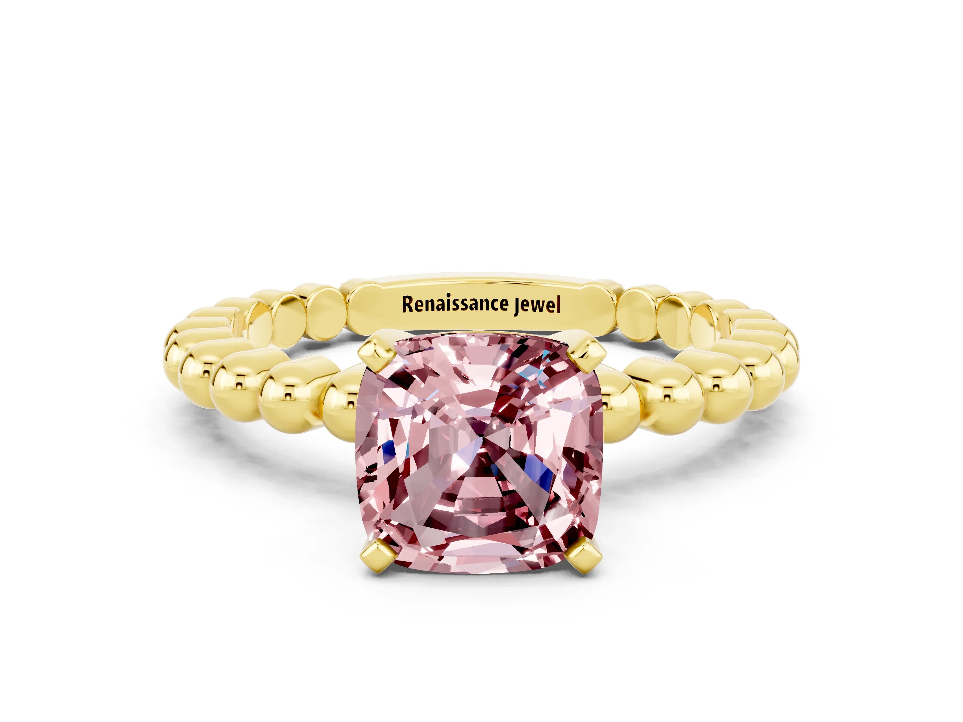 Yellow gold Cushion Cut Morganite Solitaire Ring with Beaded Band and Prong Setting