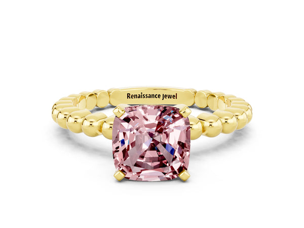 Yellow gold Cushion Cut Morganite Solitaire Ring with Beaded Band and Prong Setting