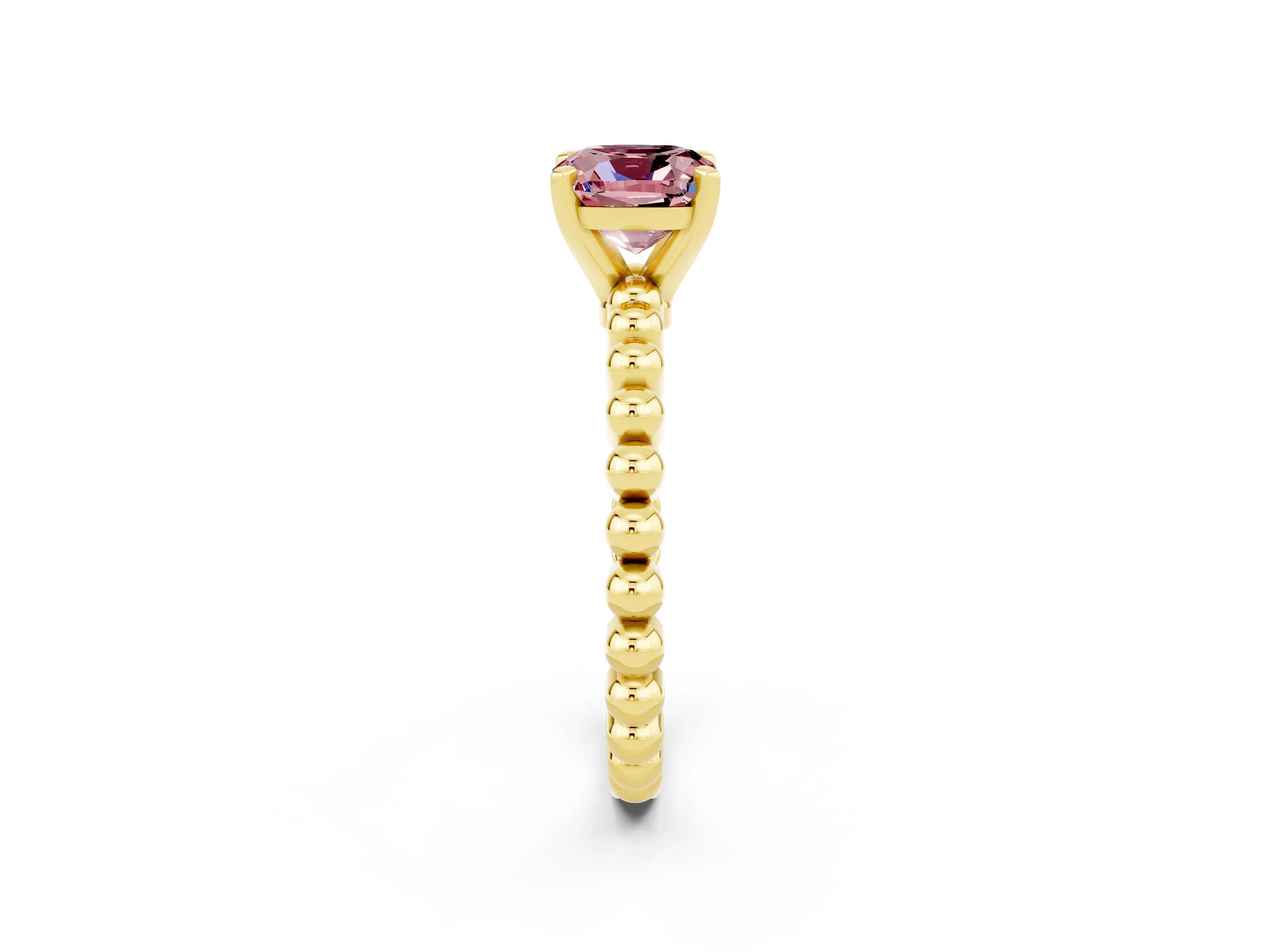 Yellow gold Cushion Cut Morganite Solitaire Ring with Beaded Band and Prong Setting_2