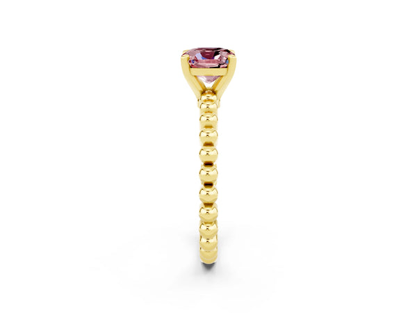 Yellow gold Cushion Cut Morganite Solitaire Ring with Beaded Band and Prong Setting