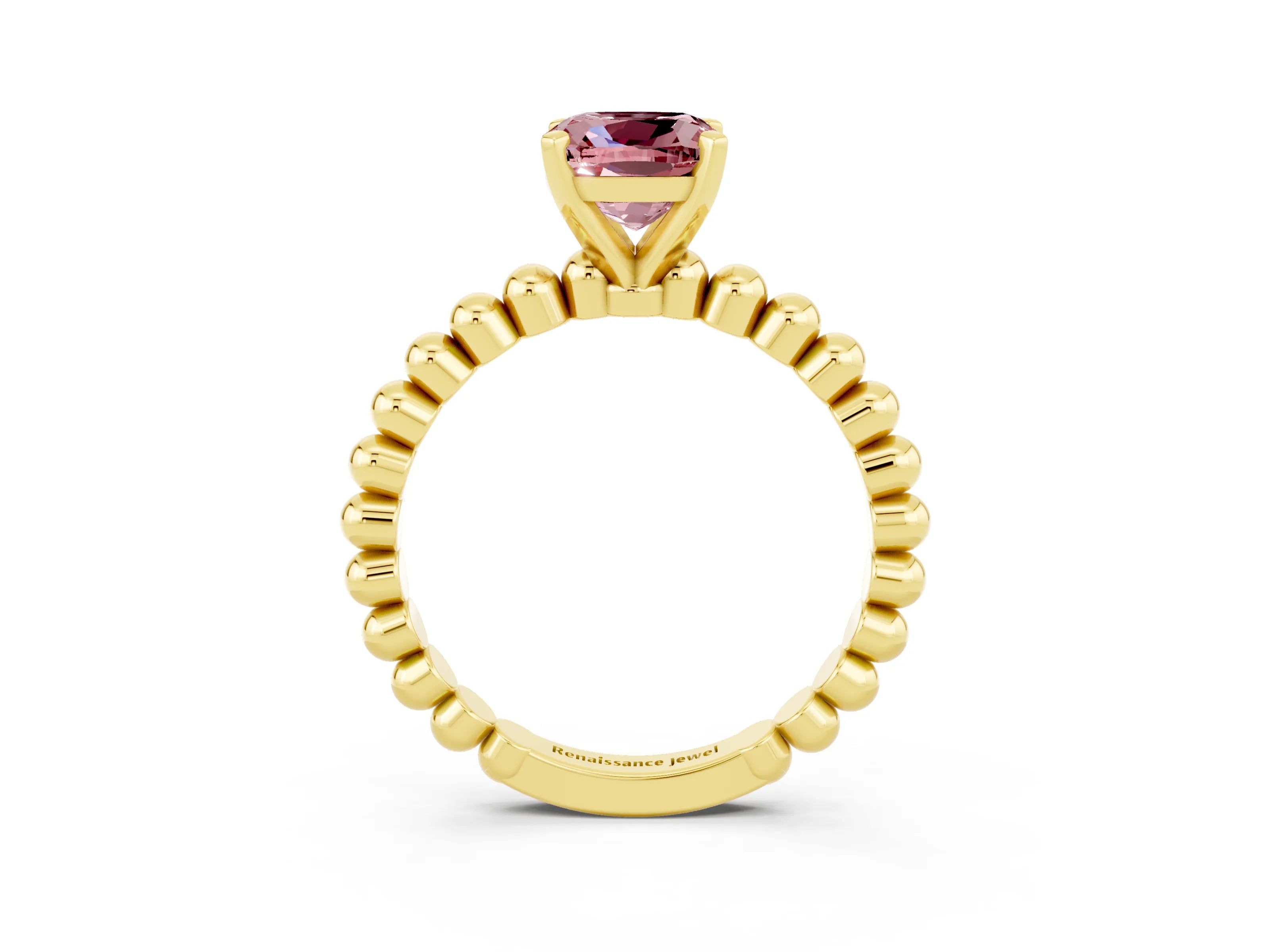 Yellow gold Cushion Cut Morganite Solitaire Ring with Beaded Band and Prong Setting_3