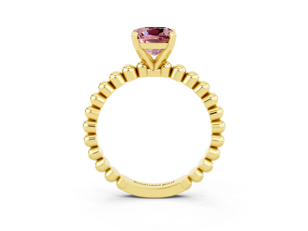 Yellow gold Cushion Cut Morganite Solitaire Ring with Beaded Band and Prong Setting