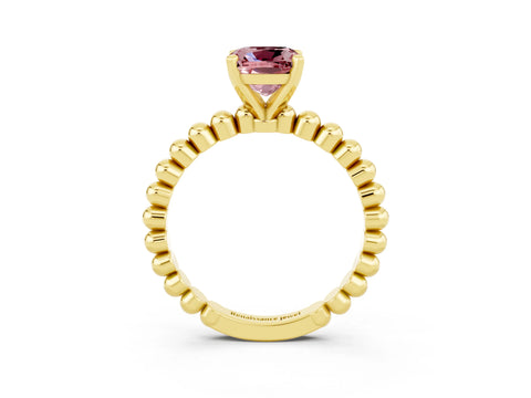 Yellow gold Cushion Cut Morganite Solitaire Ring with Beaded Band and Prong Setting_3
