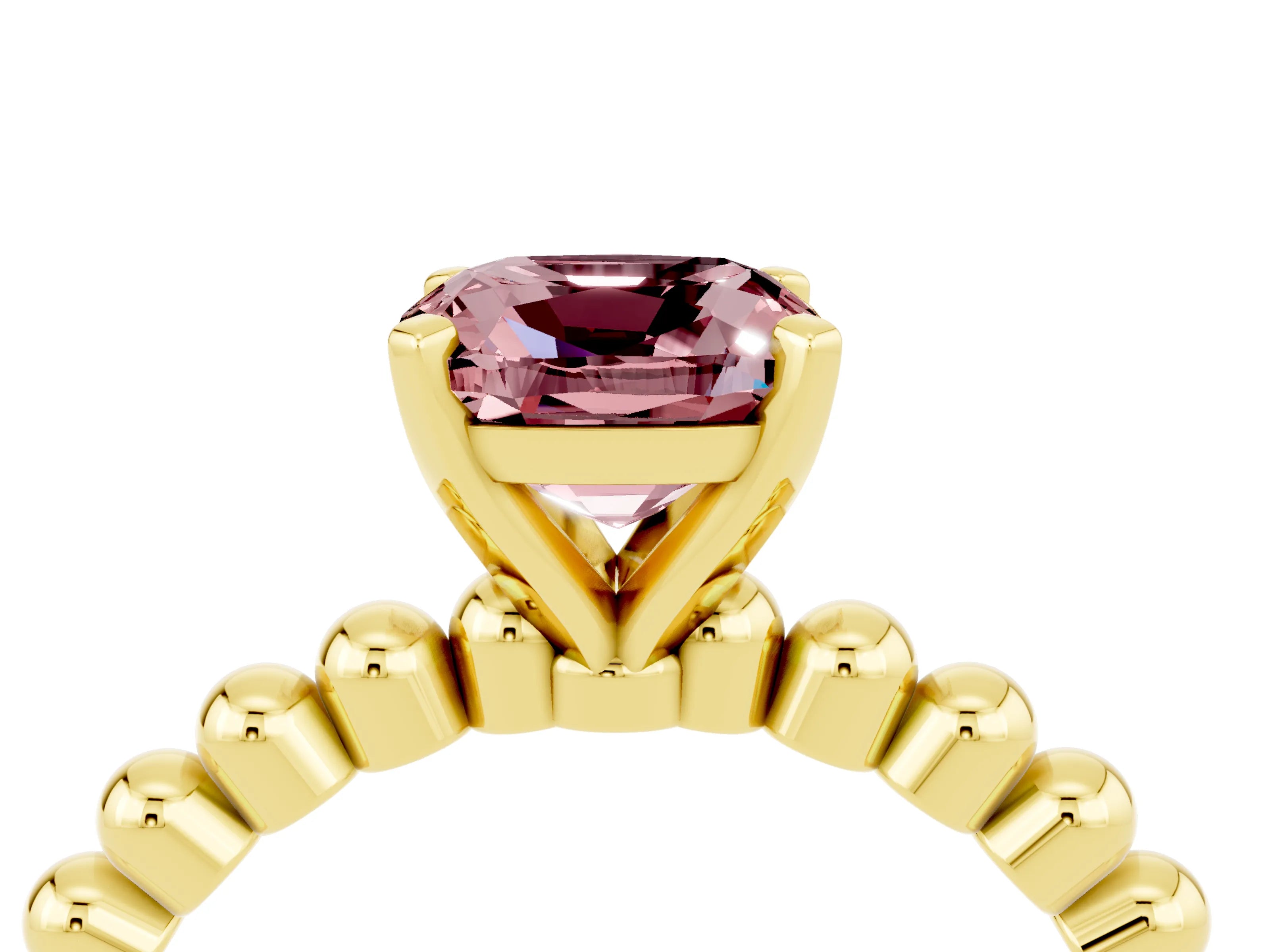 Yellow gold Cushion Cut Morganite Solitaire Ring with Beaded Band and Prong Setting_4