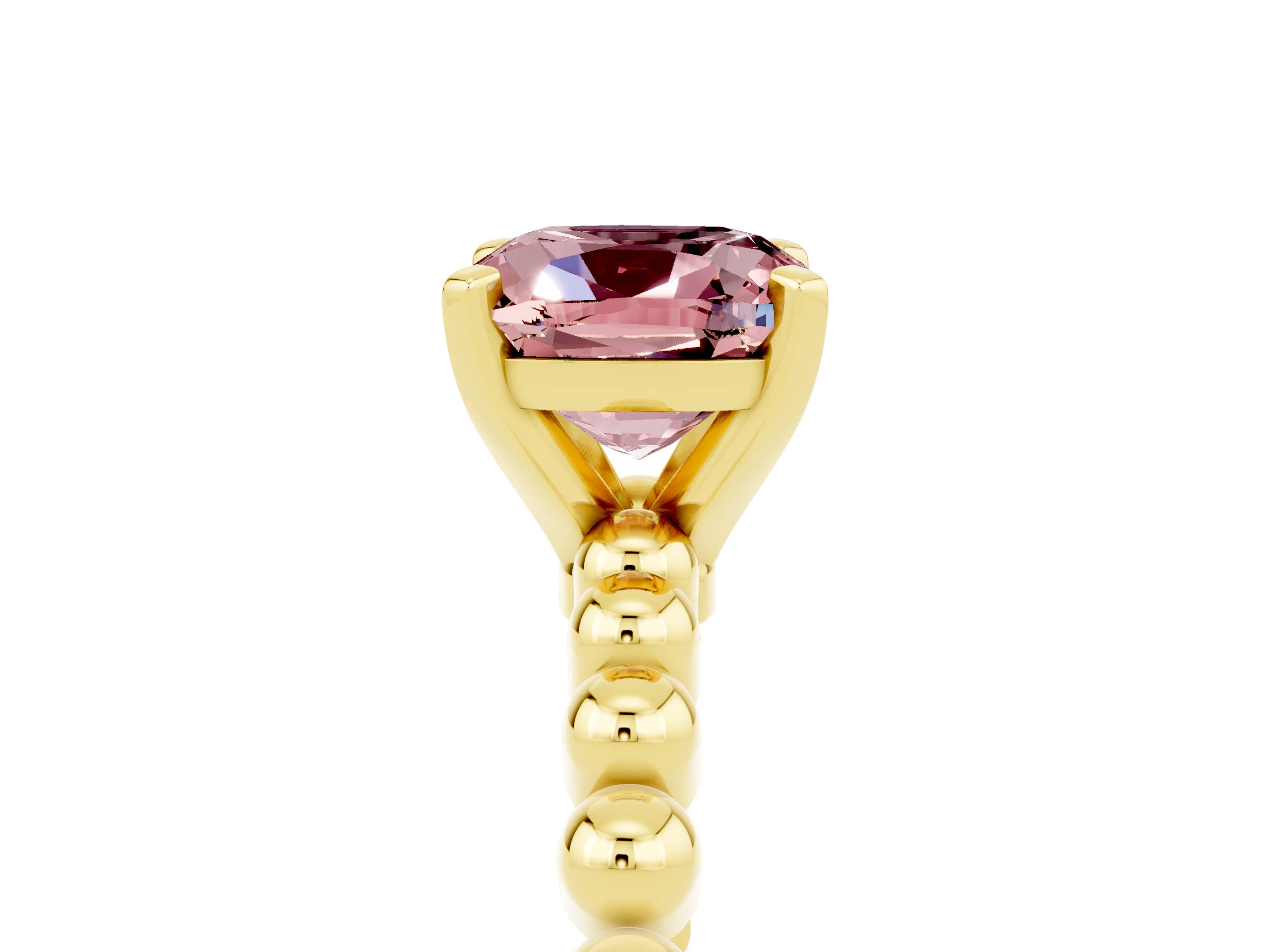 Yellow gold Cushion Cut Morganite Solitaire Ring with Beaded Band and Prong Setting_5