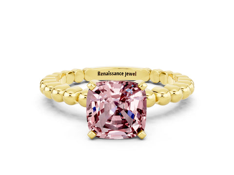 Yellow gold Cushion Cut Morganite Solitaire Ring with Beaded Band and Prong Setting