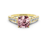 Yellow gold Cushion Cut Morganite Solitaire Ring with Cathedral Setting and Pavé Band