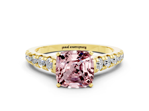 Yellow gold Cushion Cut Morganite Cathedral Solitaire Ring with Round  Pavé Band