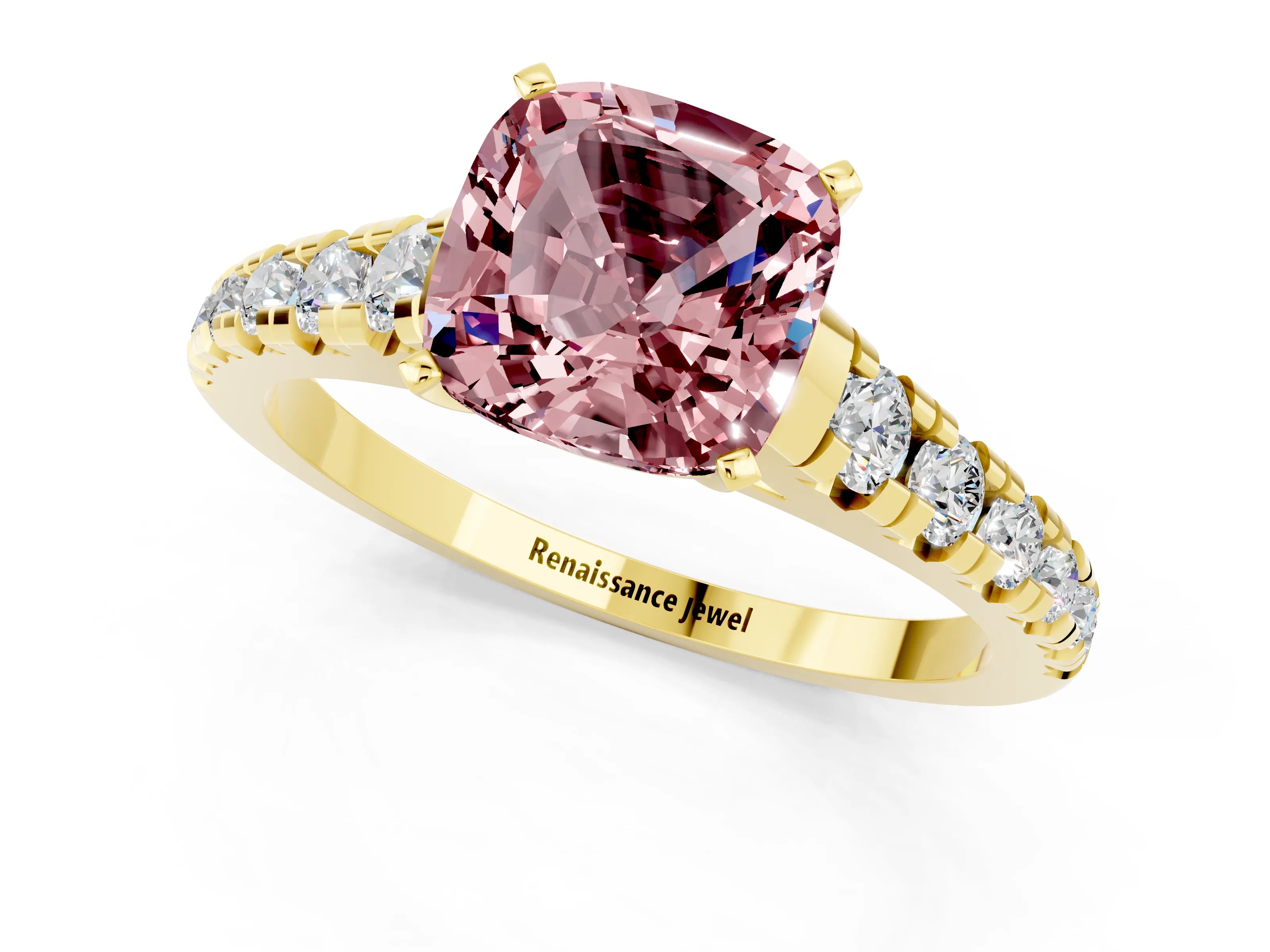 Yellow gold Cushion Cut Morganite Solitaire Ring with Cathedral Setting and Pavé Band_1
