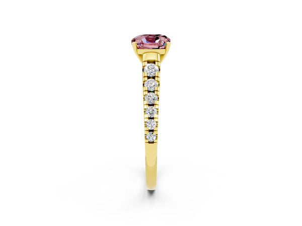 Yellow gold Cushion Cut Morganite Cathedral Solitaire Ring with Round  Pavé Band