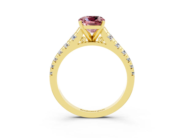 Yellow gold Cushion Cut Morganite Cathedral Solitaire Ring with Round  Pavé Band