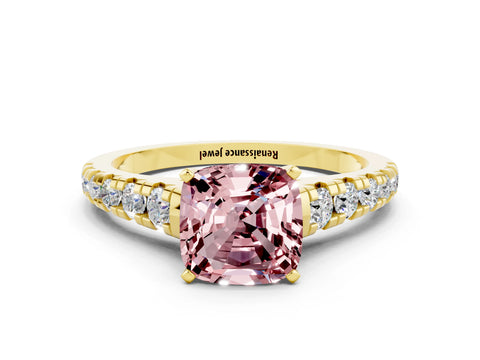 Yellow gold Cushion Cut Morganite Solitaire Ring with Cathedral Setting and Pavé Band