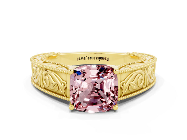 Yellow gold Cushion Cut Morganite Solitaire Ring with Engraved Band and Four-Prong Setting
