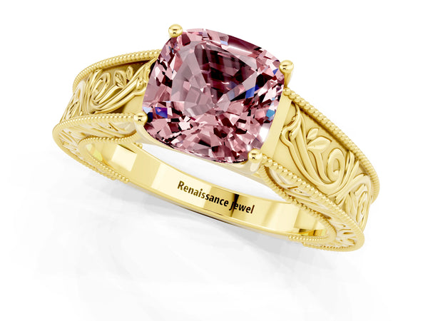Yellow gold Cushion Cut Morganite Solitaire Ring with Engraved Band and Four-Prong Setting