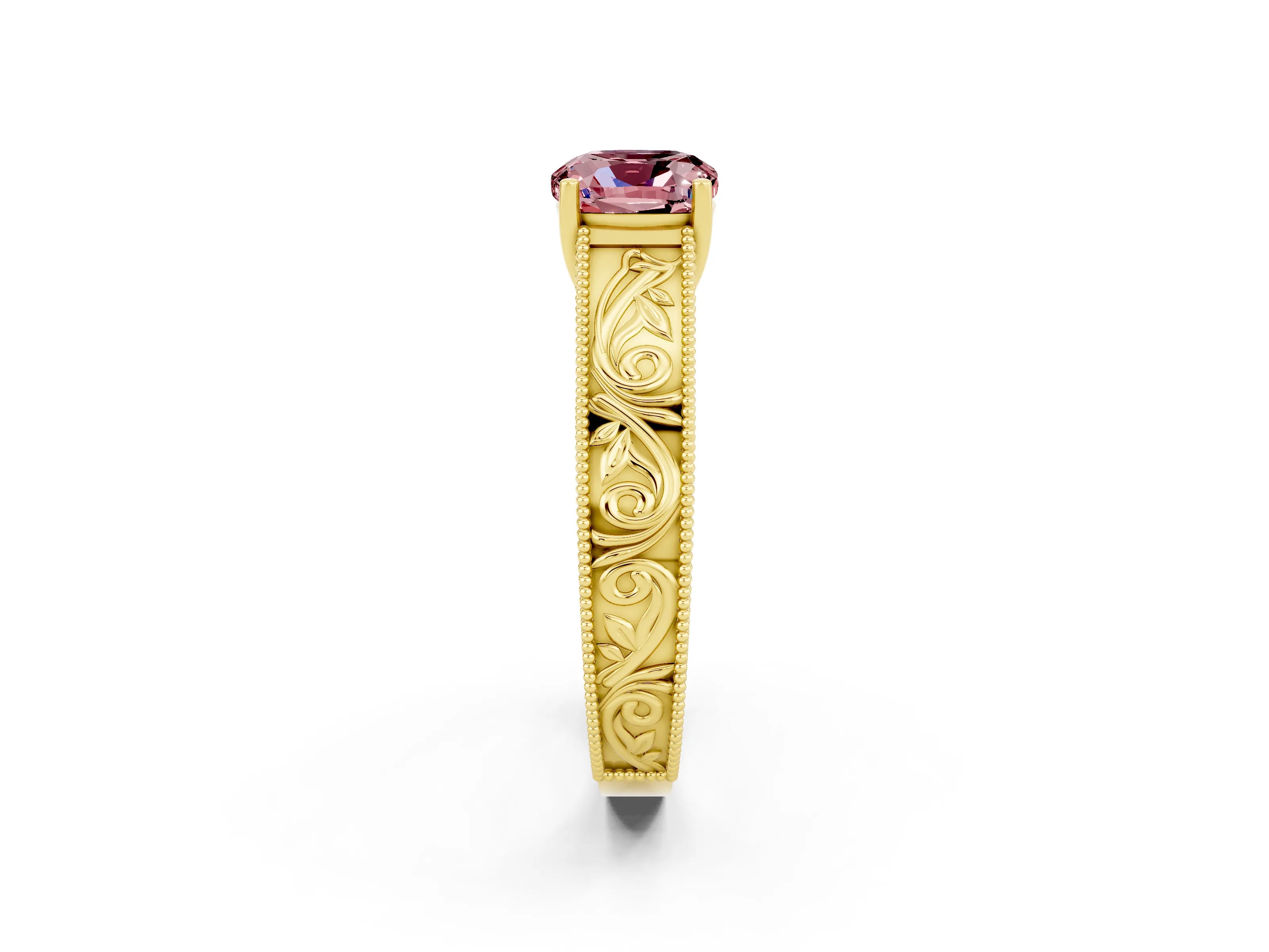 Yellow gold Cushion Cut Morganite Solitaire Ring with Engraved Band and Four-Prong Setting_2