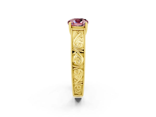 Yellow gold Cushion Cut Morganite Solitaire Ring with Engraved Band and Four-Prong Setting