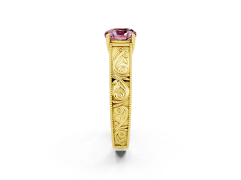 Yellow gold Cushion Cut Morganite Solitaire Ring with Engraved Band and Four-Prong Setting_2