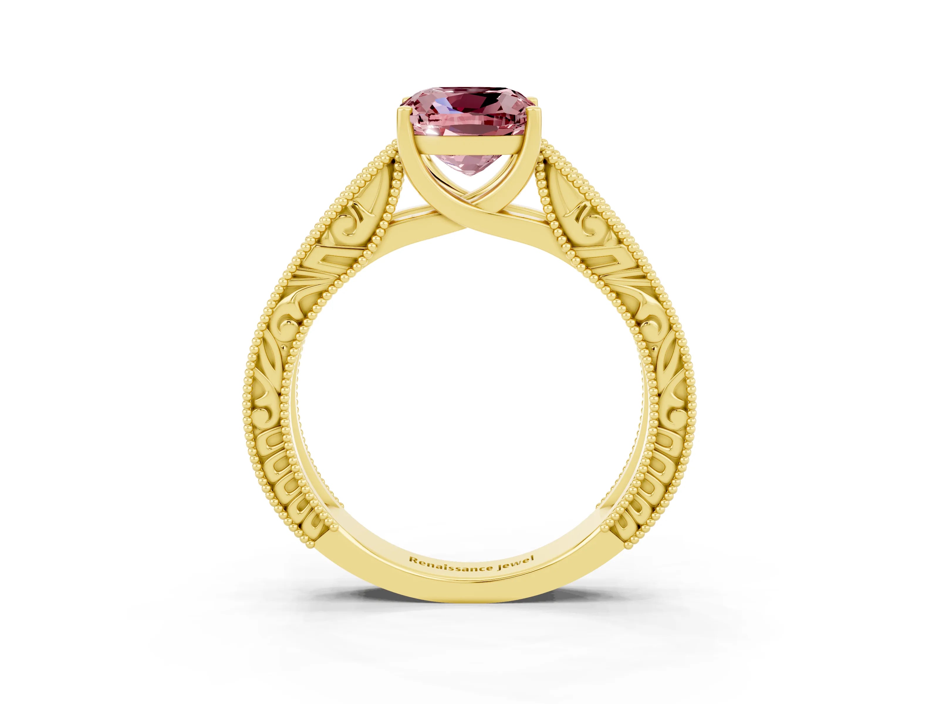 Yellow gold Cushion Cut Morganite Solitaire Ring with Engraved Band and Four-Prong Setting_3
