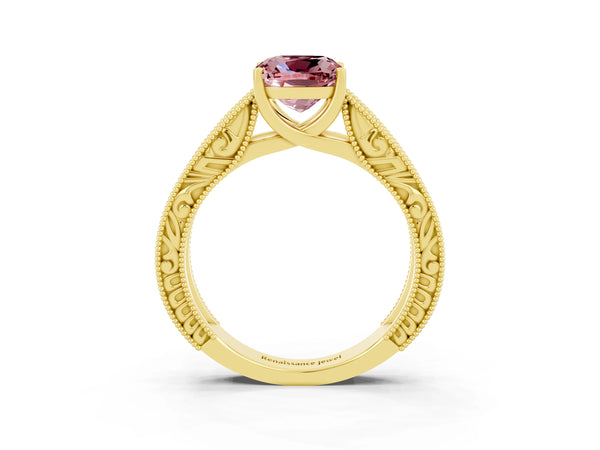 Yellow gold Cushion Cut Morganite Solitaire Ring with Engraved Band and Four-Prong Setting