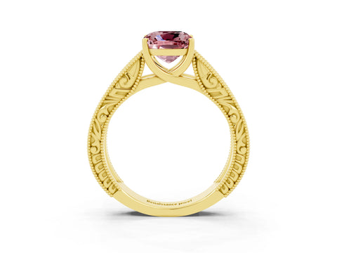 Yellow gold Cushion Cut Morganite Solitaire Ring with Engraved Band and Four-Prong Setting_3