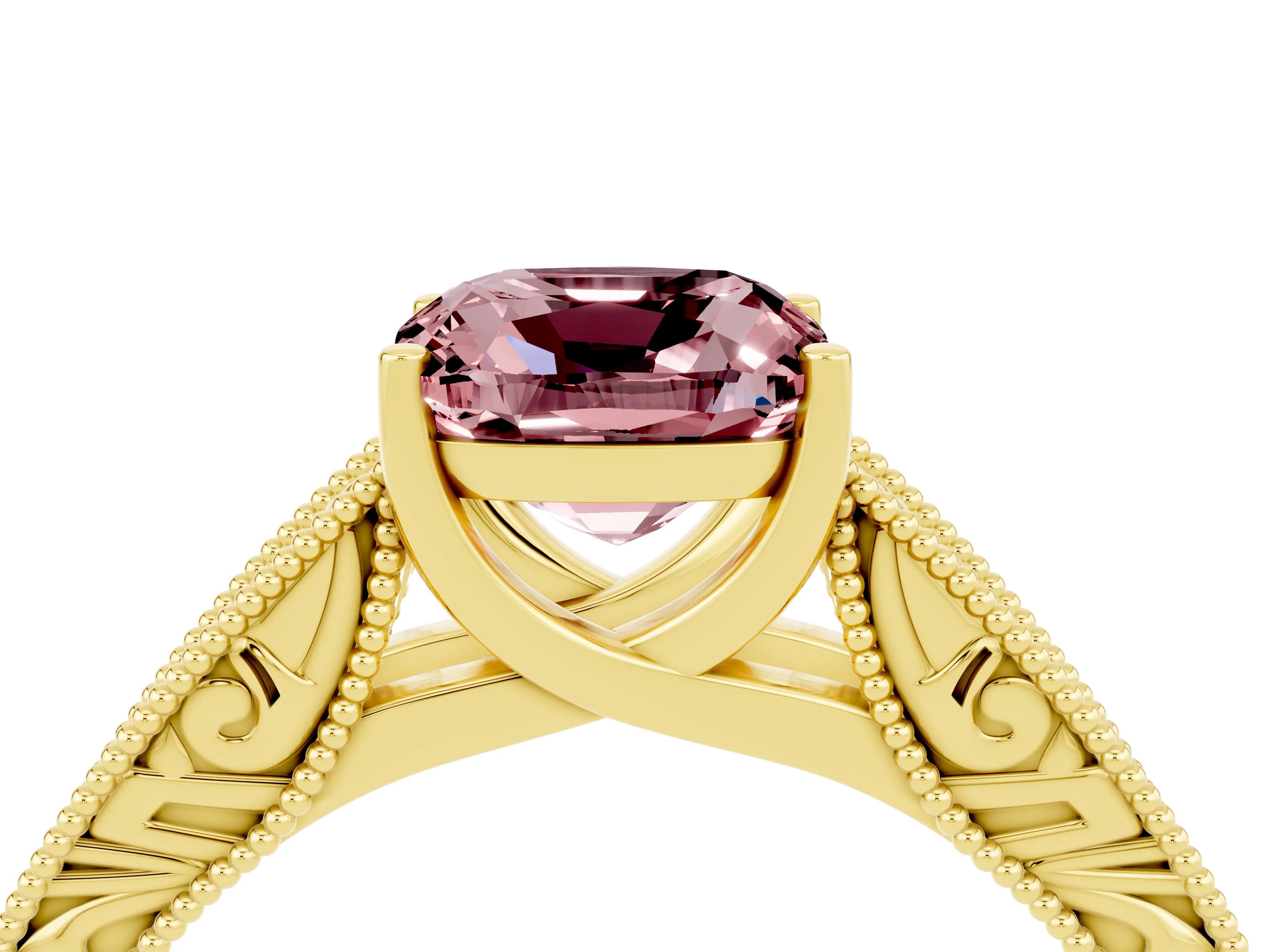Yellow gold Cushion Cut Morganite Solitaire Ring with Engraved Band and Four-Prong Setting_4