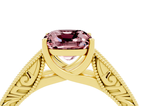 Yellow gold Cushion Cut Morganite Solitaire Ring with Engraved Band and Four-Prong Setting_4