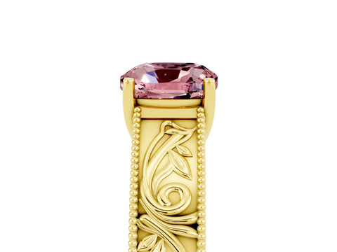 Yellow gold Cushion Cut Morganite Solitaire Ring with Engraved Band and Four-Prong Setting_5