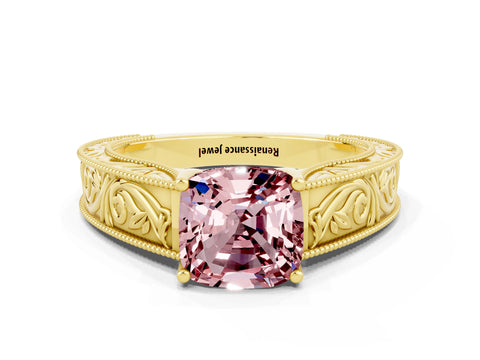 Yellow gold Cushion Cut Morganite Solitaire Ring with Engraved Band and Four-Prong Setting