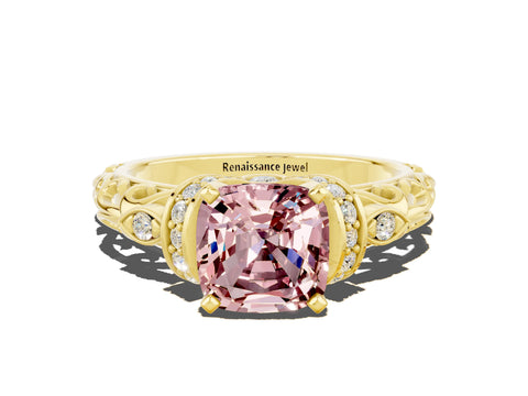 Yellow gold Cushion Cut Morganite Solitaire Ring with Filigree Band and Four-Prong Setting_24