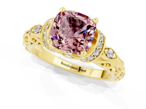 Yellow gold Cushion Cut Morganite Solitaire Ring with Filigree Band and Four-Prong Setting_25