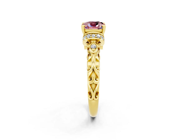 Yellow gold Cushion Cut Morganite Solitaire Ring with Filigree Band and Four-Prong Setting